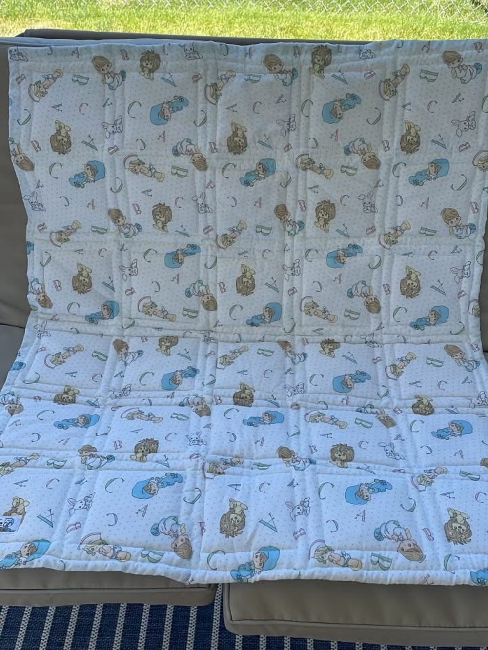 Precious Moments Alphabet Animal Quilted Baby Blanket Blue Trim Reversible - Picture 2 of 2